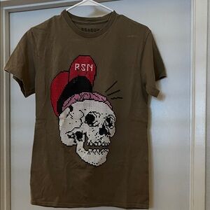 Reason Olive Green Tee with Red & Pink Skull Graphic